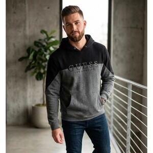 Guess Los Angeles Men's XXL 2XL Color Block Hoodie Black Grey Embroidered Casual